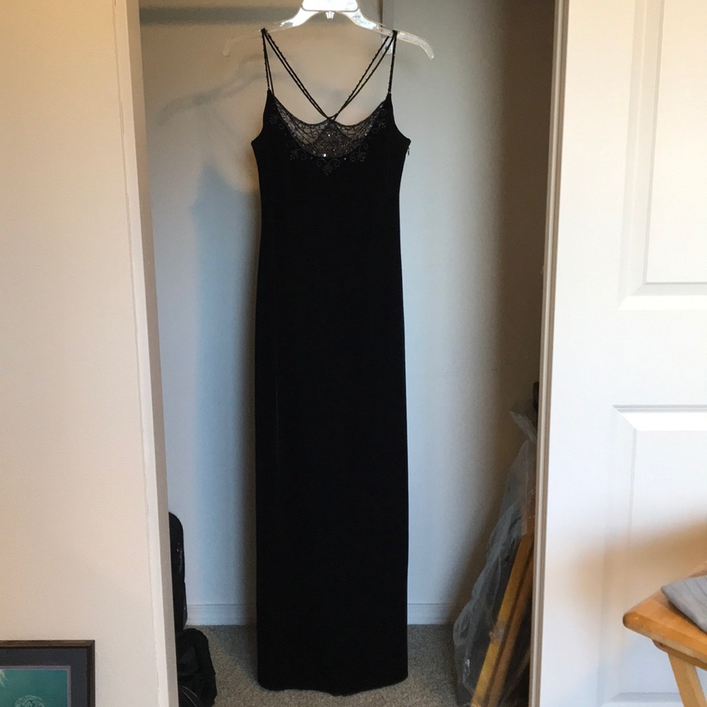 Long black velvet and beaded dress